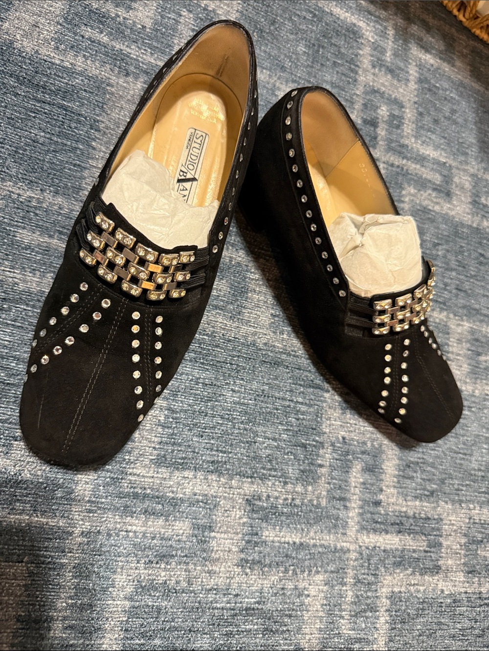Studio Andrea Black Studded Suede Block Heel Loafers with Chain Detail